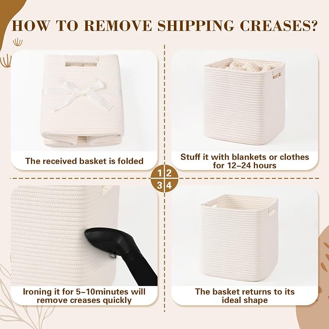 13 Inch Storage Cubes, 3 Pack Cube Storage Bins for Organizing, Cotton Rope Woven Baskets for Shelves, Bathroom, Kids Room, Closets, Baby Nursery