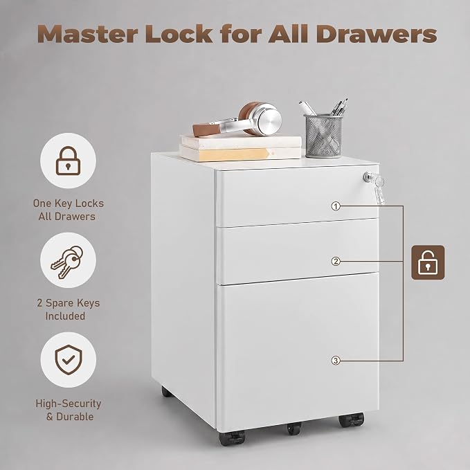 Approgreent Fully Assembled 3 Drawer File Cabinets for Home Office | Lockable Mobile Filing Cabinet with Anti-tipping Wheels, Fits A4, Letter & Legal Size Files & Folders, Matte White