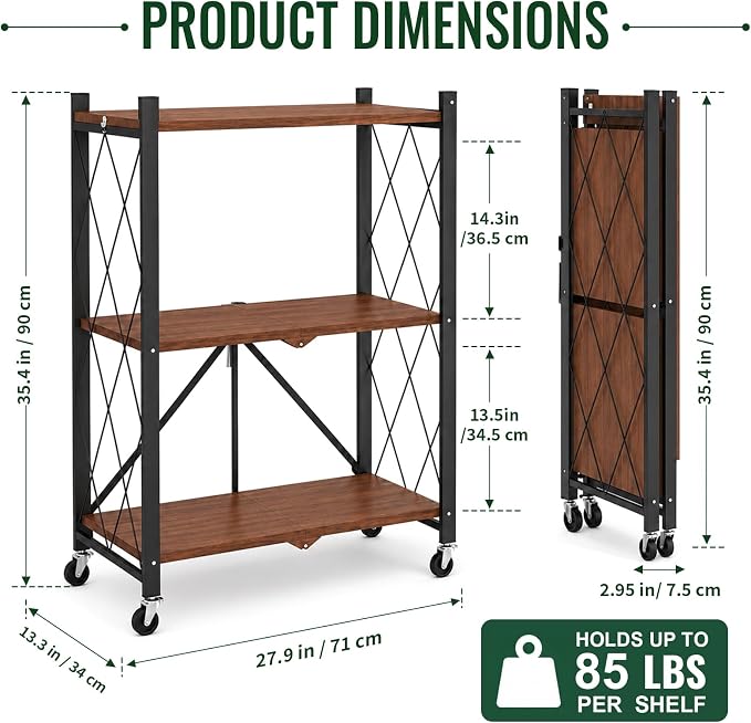 black leopard 3-Tier Foldable Shelf with Wheels, Wood-Grain Steel Shelves | Pre-assembled frame unfolds in seconds with tool-free wheel setup for fast, convenient use.