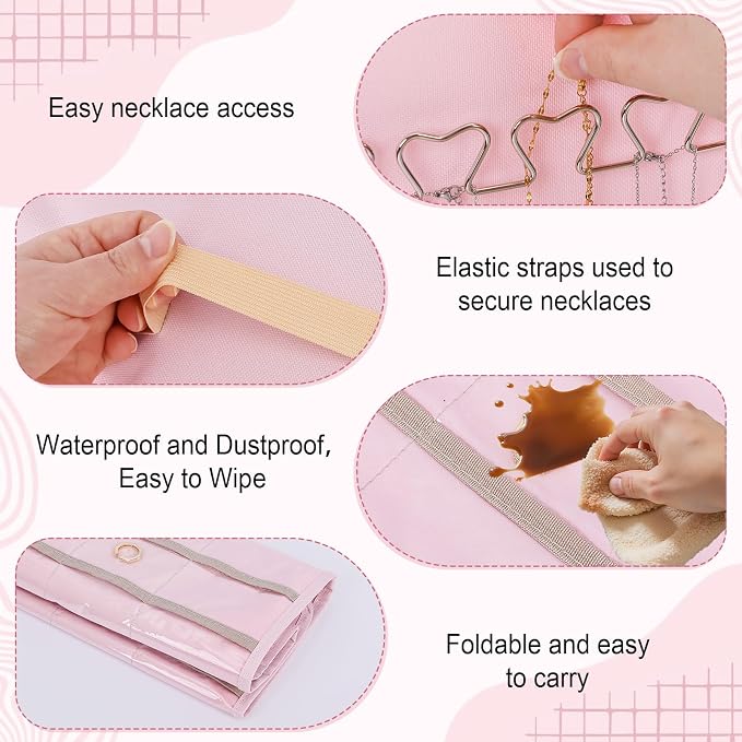 Dynoro Double-Sided Hanging Jewelry Organizer, Large Pink Storage Roll for Earrings, Necklaces, Rings, 48 Pockets 21 Hooks, Durable Oxford Fabric for Closet, Wall, Door, 1 piece, Jewelry Not Included