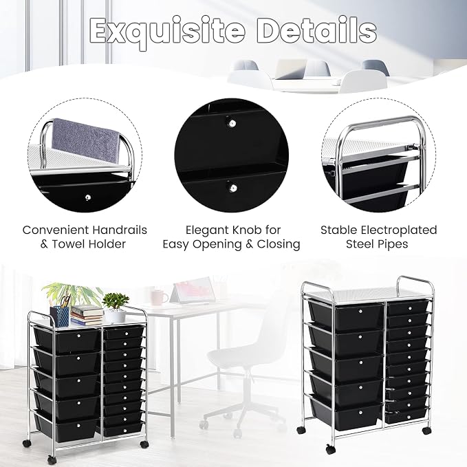 DREAMADE Rolling Cart with 15 Drawers, Clear Plastic Drawer Organizer w/Lockable Wheels, Removable & 2-Sized Storage Drawers, Art Cart for School Home Art Supplies Crafts File Scrapbook (Black)