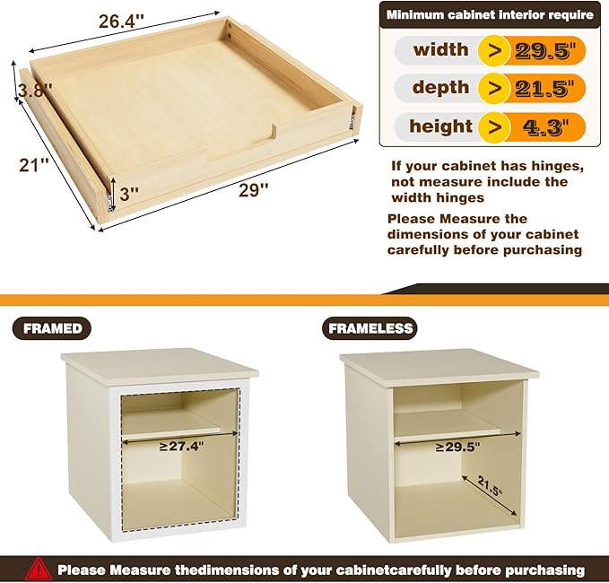 Pull Out Cabinet Organizer, 29''W×21''D Sliding Drawers for Cabinets, Soft Close Slide Out Wooden Pull out Drawers, Base Cabinet Organization for Kitchen, Pantry, Bathroom