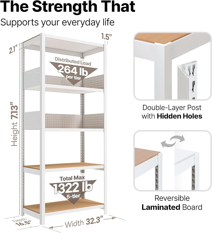 HOMEDANT 32" W Pegboards Storage Rack 5-Tier Heavy Duty Boltless Metal Utility Shelving Unit for Pantry Garage 1Pack