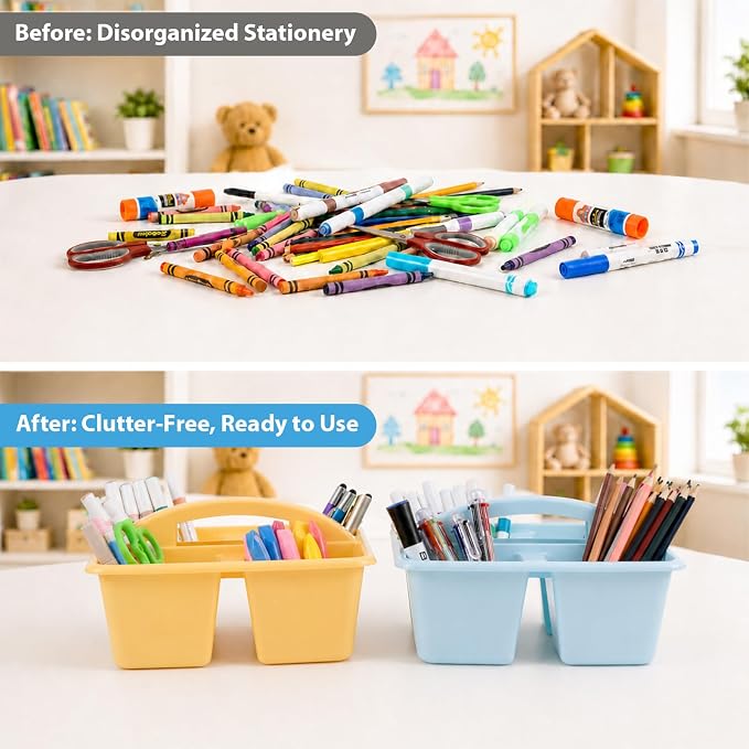 6 Pack Assorted Colors Classrooms Caddy 4 Compartment Classroom Caddy Compartment Caddies Set Table Caddies Classrooms with Handle for Classroom Organization Table Desk Office Supplies(Pastel)