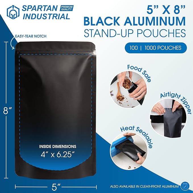 Spartan Industrial 5" X 8" Matte Black Stand-Up Pouch Bags - 100 Count Smell-Proof Mylar Bags With Heat Sealable Opening and Resealable Zipper
