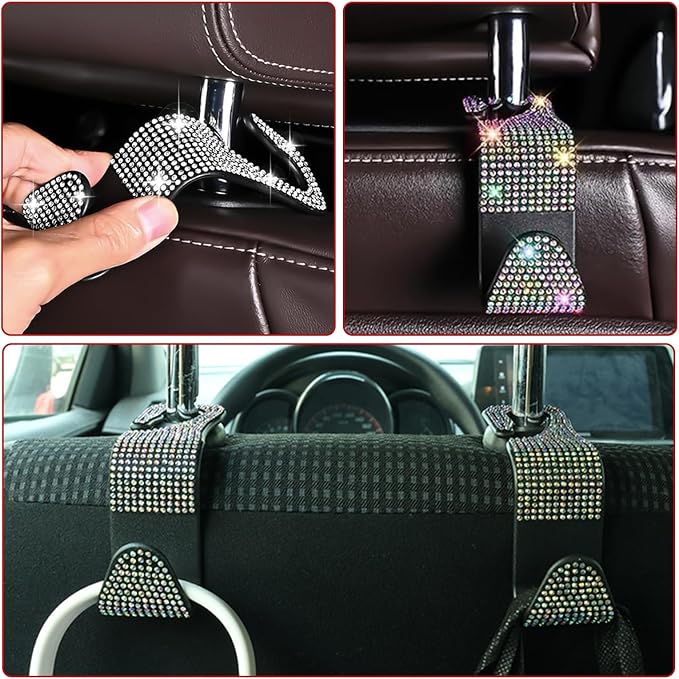 4PCS Bling Car Seat Headrest Hooks, Vehicle Back Seat Purse Handbag Hanging Holder with Crystal Rhinestone, Diamond Storage Organizer Hook,Bling Car Accessories for Women (Colorful)