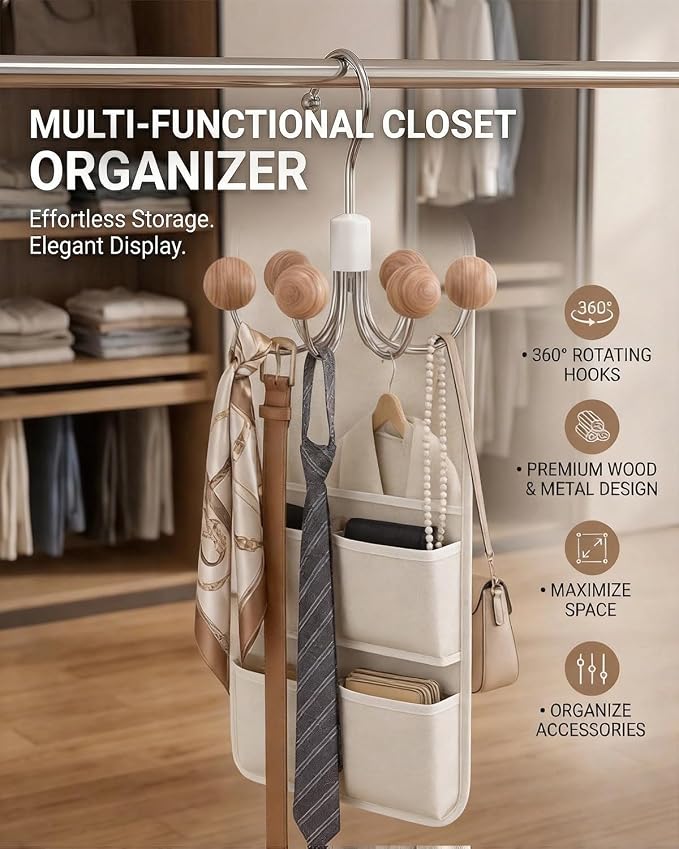 4 Pack Hoodie Hangers 360° Swivel Hooks with Wood Balls, Natural Wood | Hanging Closet Hat Purse Tanktop Handbag Necklace Organizer Bra Hanger and Storage Save Space
