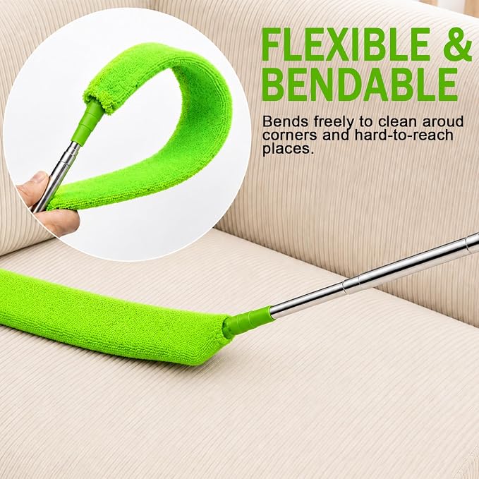 Retractable Gap Dust Cleaner with Extension Pole & 3 Microfiber Cloths | Cleaning Tools with 3 Microfiber Dusting Cloths | Long Handle Duster 30-100'' | Under Refrigerator Furniture Appliance Green
