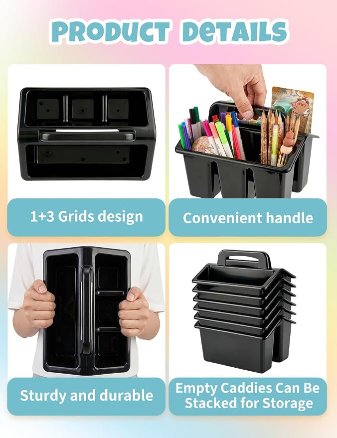6 Pack Classroom Caddy Organizer with Handle, Table Caddy Classroom | 4 Compartments, 9×6.3×6.7 inches, Thick Durable PP Plastic, Built-in Handle, Stackable Design, for Classroom Desk Office Home