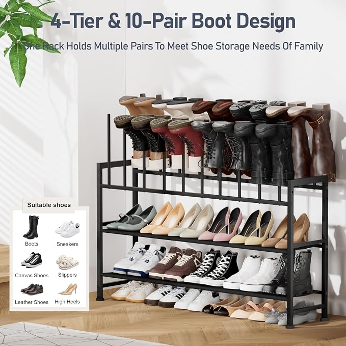 DIMJ Boot Rack 4-Tier - Black Metal Boot Storage Rack for Tall Boots Organizer, Shoe Rack for Boots, Sneakers, High-Heel, Entryway, Fits 10 Pairs