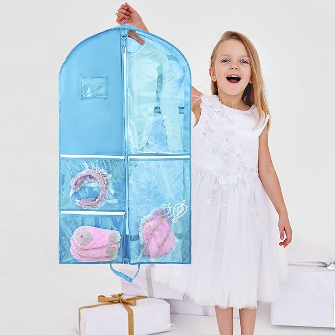Clear Dance Costume Garment Bag for Dancers,40 inch Kids Garment Bag for Dance Competitions with 5 Clear Zipper Pockets for Dance Costumes,Garment Bags for Hanging Clothes Travel Storage (Blue)