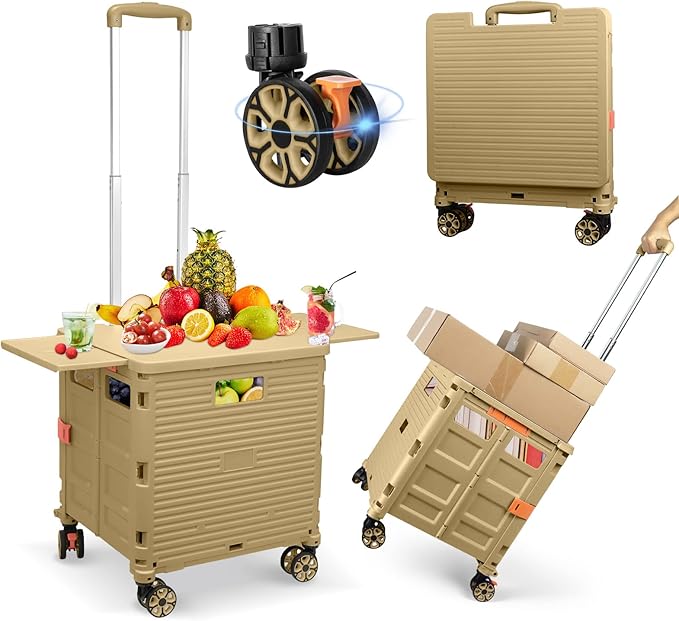 FELICON SELORSS Folding Utility Cart Portable Rolling Crate Handcart with Magnetic Sliding Lid Telescoping Handle Plastic Box Dolly 360°Swivel Wheels for Travel Shop Move Office Teacher(Khaki Pro)