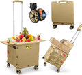 FELICON SELORSS Folding Utility Cart Portable Rolling Crate Handcart with Magnetic Sliding Lid Telescoping Handle Plastic Box Dolly 360°Swivel Wheels for Travel Shop Move Office Teacher(Khaki Pro)