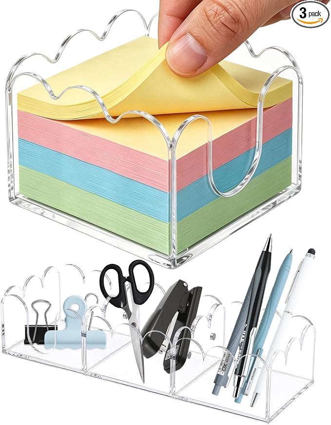 3Pcs Scalloped Acrylic Sticky Note Holder,Clear Sticky Notes Dispenser 3x3 Thick Post it Notes Memo Pad Holder Non-Slip Desk Organizer for Office Home School Dorm Desktop