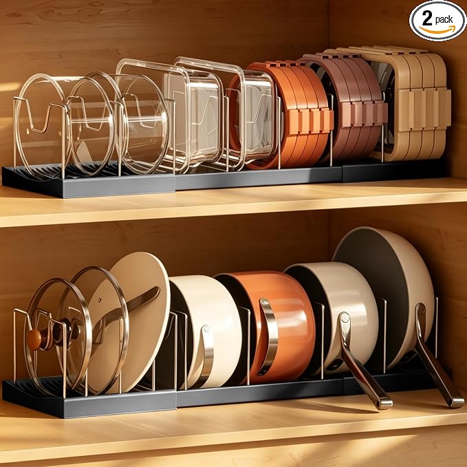 Magheo 2 Pack Pots and Pans Organizer Under Cabinet, Expandable 12.6"-22.8" Kitchen Cabinet Organizer Holder with 10 Adjustable Dividers for Food Storage Container Lid, Cookie Sheet, Cookware(Black)
