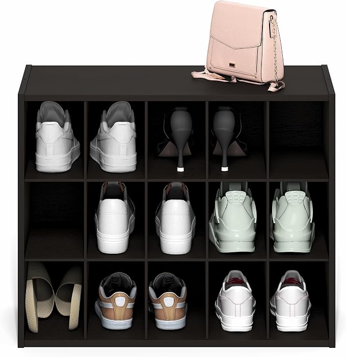 Furinno FANO 15-Cube Shoe Rack, Stackable Shoe Organizer, Dark Oak | 11.4 x 24.2 x 19.3, Shoes Storage, for Closet Entryway, Office, Garage