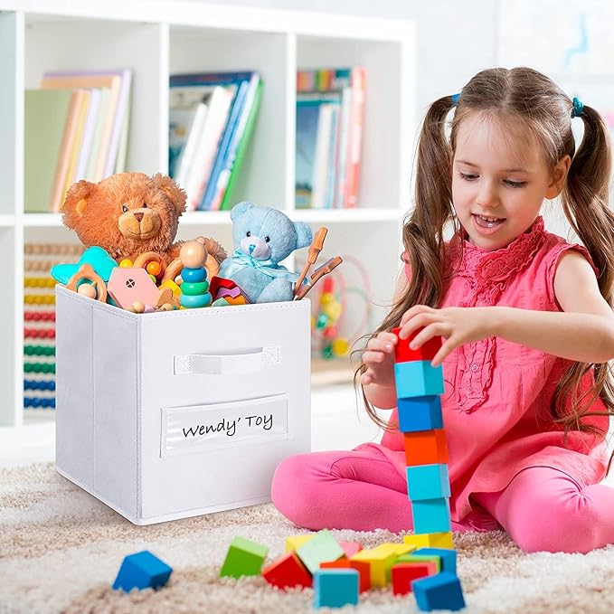 13x13x13 storage cube bins(Set of 8)Fabric storage cubes with 8 Labels Window Cards & a Pen,storage cubes 13x13, storage bin, Collapsible 13 inch cube storage bins,Cubby Organizer Boxes, White