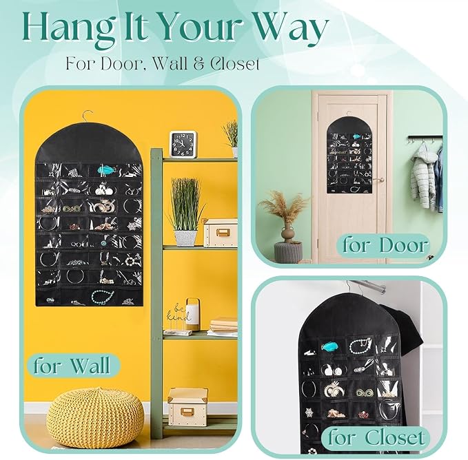 Flexzion Hanging Jewelry Organizer – (1 Pack) Black 32 Clear Pockets & 18 Hooks & Loops, Non-Woven Bag Dual Side Earring Storage Display Holder with for Necklace Bracelet Sunglasses | Double-sided jewelry storage bag with clear pockets and hook-and-loo...