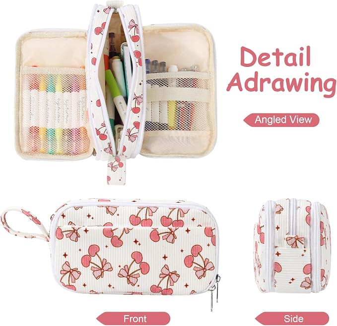 BuyCard Large Capacity Pencil Case, White With Pink Cherry Pattern, Corduroy Pencil Bag with Zipper Closure, Graduation Gift Office Stationery Storage Pen Pouch for Classroom Teacher