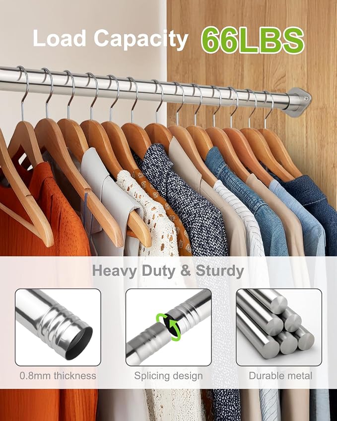 Closet Rod 1 Pack, Adjustable Clothes Haning Rod 66 to 76 Inches, Stainless Steel Rod for Close, Silver