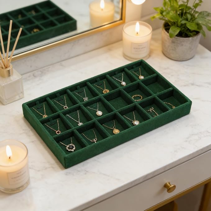 Velvet Jewelry Organizer Trays Dark Green Stackable Jewelry Storage Display Tray with Removable Dividers, 18 Grids