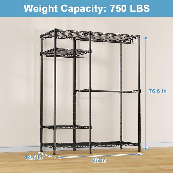 Ulif F7 Medium Garment Rack, Heavy Duty Clothes Rack, Clothing Racks for Hanging Clothes, 6-Tiers Freestanding Portable Closet Storage Rack 45'' W × 14.6'' D × 76.6'' H, Max Load 750 Lbs, Black