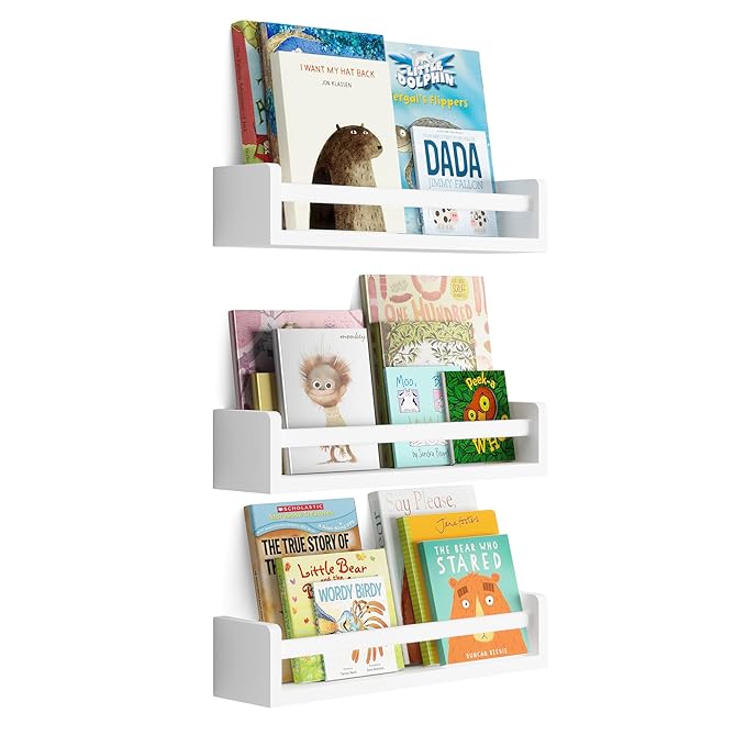 Brightmaison Nursery Book Shelves - Floating Wall Shelves – Baby, Kids, Nursery Wall Decor - Wall Mount Book Organizer Storage Ledge, Display Holder for Toys - Set of 3, Ships Assembled (White)