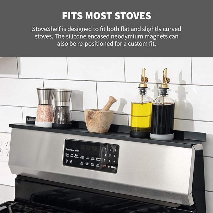 StoveShelf 30" Length Black Magnetic Shelf for Kitchen Stove - Kitchen Storage Solution with Zero Installation - Over Stove Spice Rack Organizer