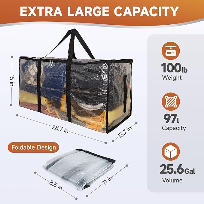 CONGREGATE 4 Pack Extra Large Moving Bags with Zippers and Carrying Handles, Heavy-Duty Storage Tote Moving Boxes for Space Saving, Semi-Transparent 97L/25.6Gal (28.7"x13.7"x15")