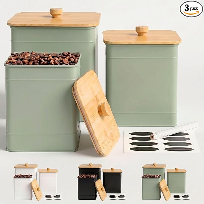Kitchen Canisters for Countertop Set of 3 w/ Chalkboard Labels & Marker Pen | Airtight Easy Open Bamboo Lids, Dent-Resistant Thick Metal, Customizable Chalkboard Labels, Marker Pen Included, Set of 3