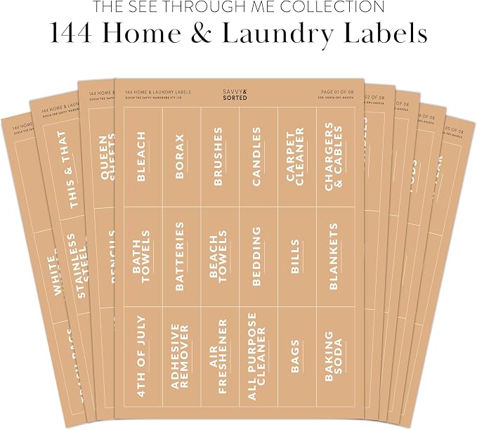 Laundry Labels for Jars, 144 Preprinted Home and Laundry Label Stickers for Storage Bins, Cleaning Jars, Spray Bottles, Linen Closet, Household Organization