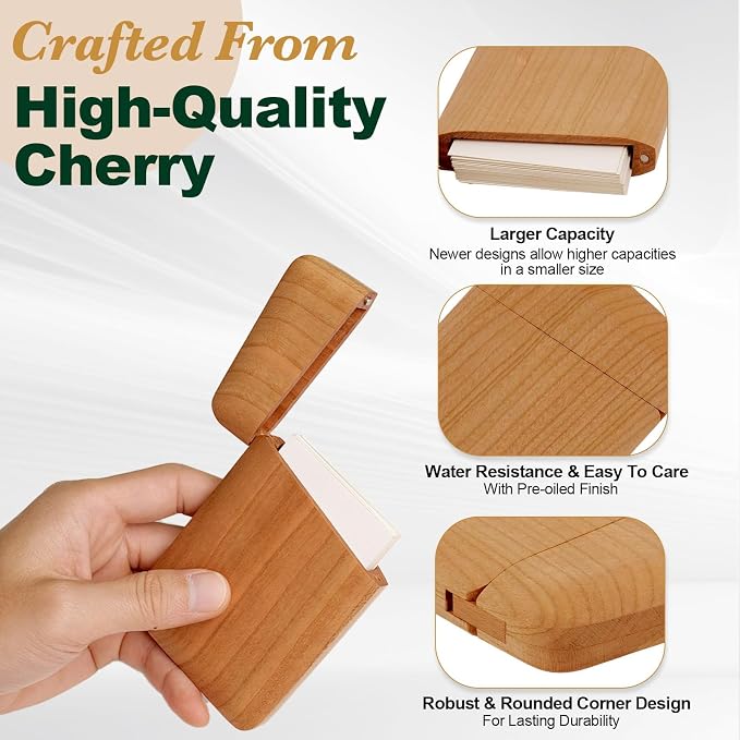 Wood Business Card Holder Wooden Magnetic Business Card Case Portable Simple (Cherry)