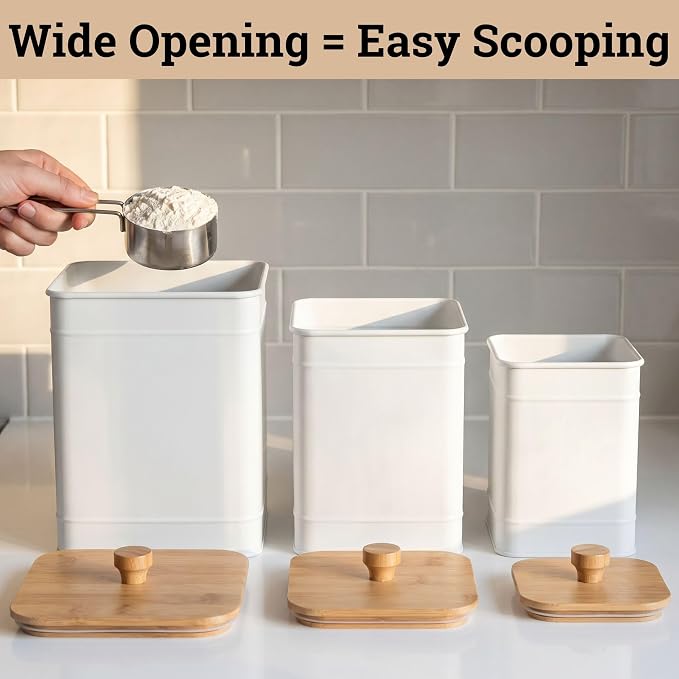 Kitchen Canisters for Countertop Set of 3 w/ Chalkboard Labels & Marker Pen | Airtight Easy Open Bamboo Lids, Dent-Resistant Thick Metal, Customizable Chalkboard Labels, Marker Pen Included, Set of 3