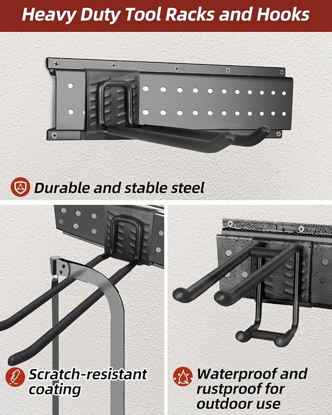 Garage Tool Organizer Wall Mount, 64in Tool Rack, 560LBS Capacity | Solid Steel, 12 Hooks in 4 Types, Rustproof Waterproof, Soft Anti-Scratch Hooks, With Storage Straps, For Garden Tool Storage