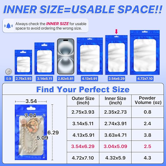 100 PCS Resealable Mylar Bags with Zipper and Frosted Clear Window Smell Proof Packaging Bags Foil Pouch Zipper Bag for Food Self Sealing Storage Supplies (Blue, 3.54x6.29)