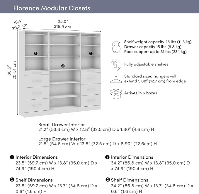 Bestar Florence 85W x 16D Closet System with Drawers Slab - Engineered Wood