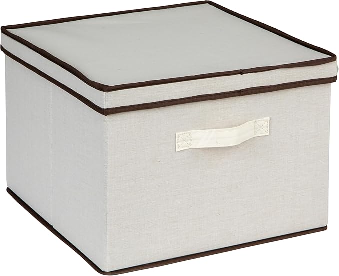 Household Essentials Square Storage Box with Lid in Breathable Canvas Sides with Sturdy Base and Convenient Handle, Natural with Brown Trim