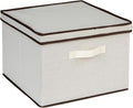Household Essentials Square Storage Box with Lid in Breathable Canvas Sides with Sturdy Base and Convenient Handle, Natural with Brown Trim