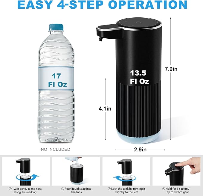 RYTOXILO Automatic Soap Dispenser, 1 Pack Black Touchless Liquid Soap Dispenser for Bathroom, 13.5 Fl Oz Plastic Electric Auto Dish Soap Dispensers Wall Mount for Kithcen with Adjustable Volume