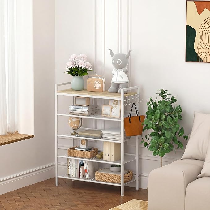 Refrze Shoe Rack for Front Door Entrance, 4 Tier Height-Adjustable Metal Shoe Rack, Sturdy Wooden Top and Tiltable Steel Frame Heavy Duty Shoe Organizer for Bathroom,Bedroom,Kitchen, Include Hook