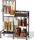 Homsorout Purse Organizer for Closet - Purse Rack Stand with 12 Hooks, 2 Wooden Shelves Purse Storage for Closet, Large Capacity Backpack Storage, Handbag Organizer for Home, Living Room, Black