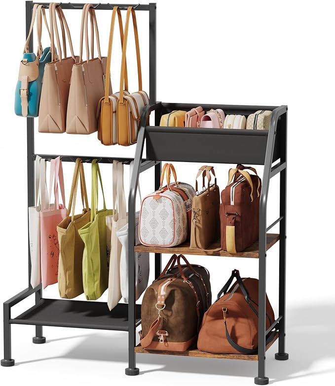 Homsorout Purse Organizer for Closet - Purse Rack Stand with 12 Hooks, 2 Wooden Shelves Purse Storage for Closet, Large Capacity Backpack Storage, Handbag Organizer for Home, Living Room, Black