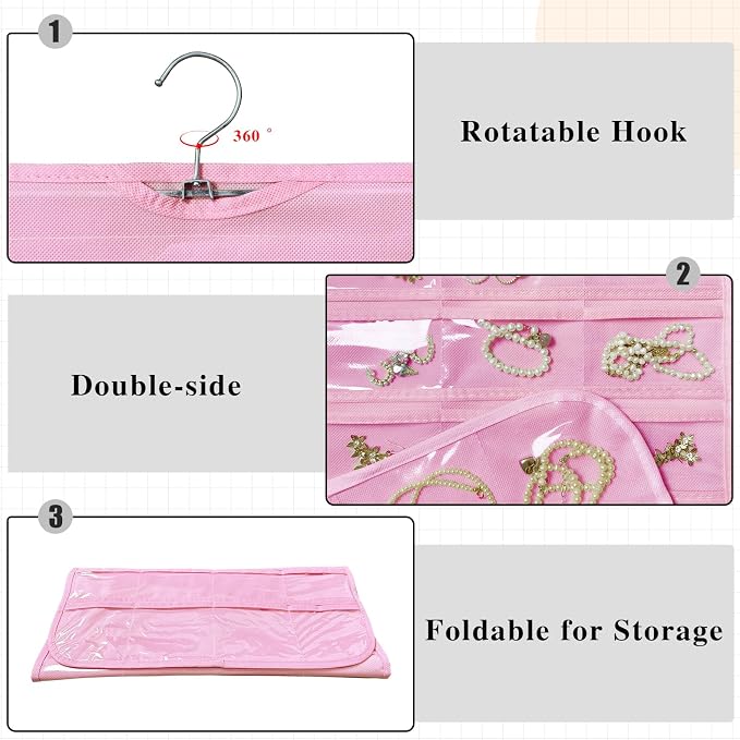 Hanging Jewelry Organizer 80-Pocket Double-Sided Storage, 2-Pack, Pink | Foldable clear PVC 80-pocket storage; swivel hook fits walls, doors & rods to organize earrings, necklaces, bracelets & rings