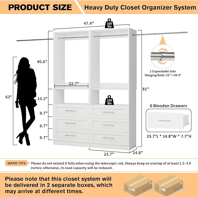 Closet System with 2 Sets, 4FT-10FT Customizable Closet Organizer System with 6 Wooden Drawers & 2 Shelves & 4 Hanging Rods, Walk-in Closet or Freestanding Tower Closet Storage System, White
