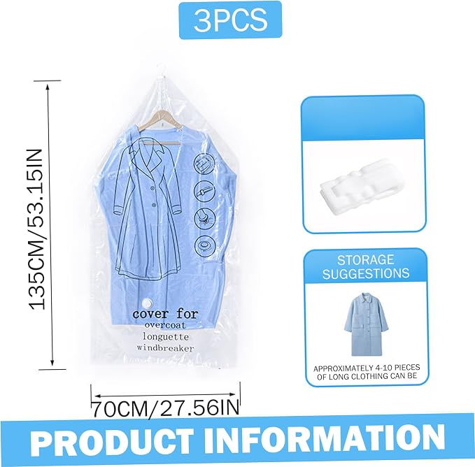Clothing Vacuum Storage Bags, 3 Pack Hanging Vacuum Storage Bags for Coats Clear Space-Saving Closet organizers Compression Bulky Garments, 53x28 inch..