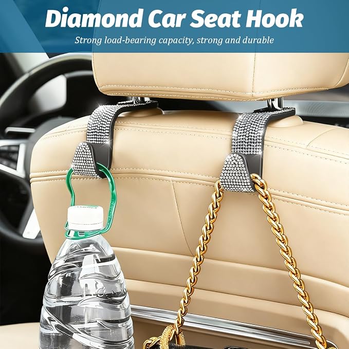 Zpana 4PCS Bling Car Seat Headrest Hooks, Vehicle Back Seat Purse Handbag Hanging Holder with Crystal Rhinestone, Diamond Storage Organizer Hook, Universal Automotive Accessories (Black/Pink)
