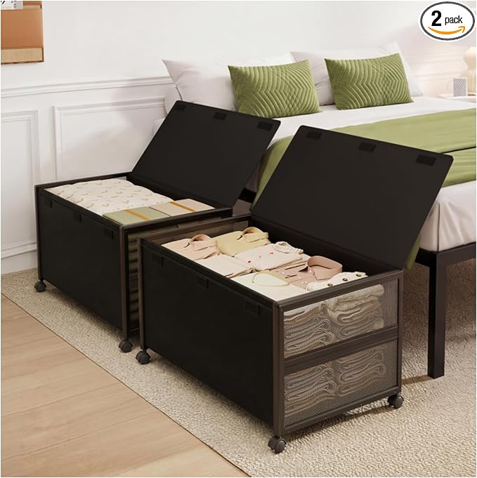 Fokyfok 2 Pack Under Bed Storage with Wheels,16 inch Tall Extra Large Under Bed Clothes Storage,Underbed Storage with Wheels,Rolling Under Bed Drawers with Lid for Dorm,College,Apartment,Black
