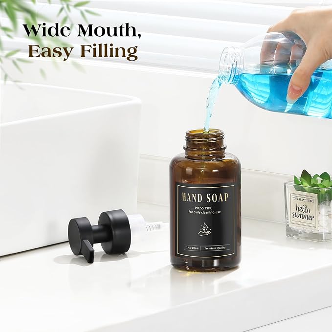 Luxspire Foaming Soap Dispenser, Glass Foam Pump Soap Dispenser, Non-Slip Hand Soap Bottle with 5 Waterproof Labels, 15 Oz Refillable Liquid Soap Bottle for Bathroom & Kitchen, Amber, 1 Pack