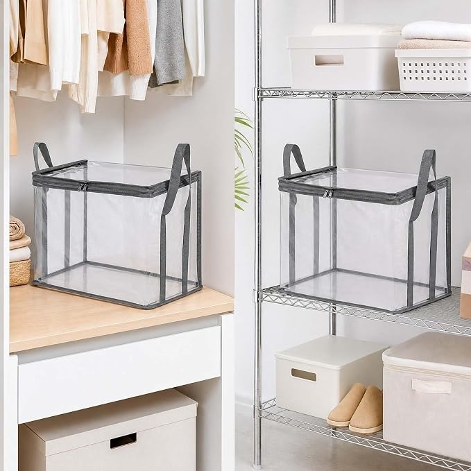Large Clear Thick Plastic Storage Box with Hinged Lid, Heavy-Duty Durable High Capacity Organizer, Foldable Storage Box,Perfect for Home, Camping, Travel, Attic & Moving (Gray-L-2)