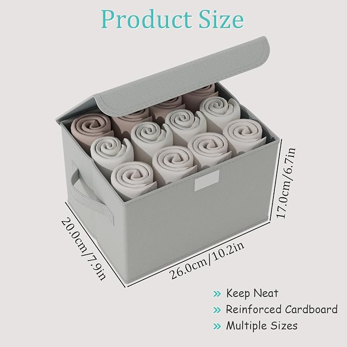 Storage Bin with Lid, Closet Boxes, 2 Pack, Grey, 10.2x7.9x6.7 In | Fabric Organizers System with Cover, Collapsible Stackable Clothes Basket with 2 Handles, for Kitchen Cupboards, TV Consoles